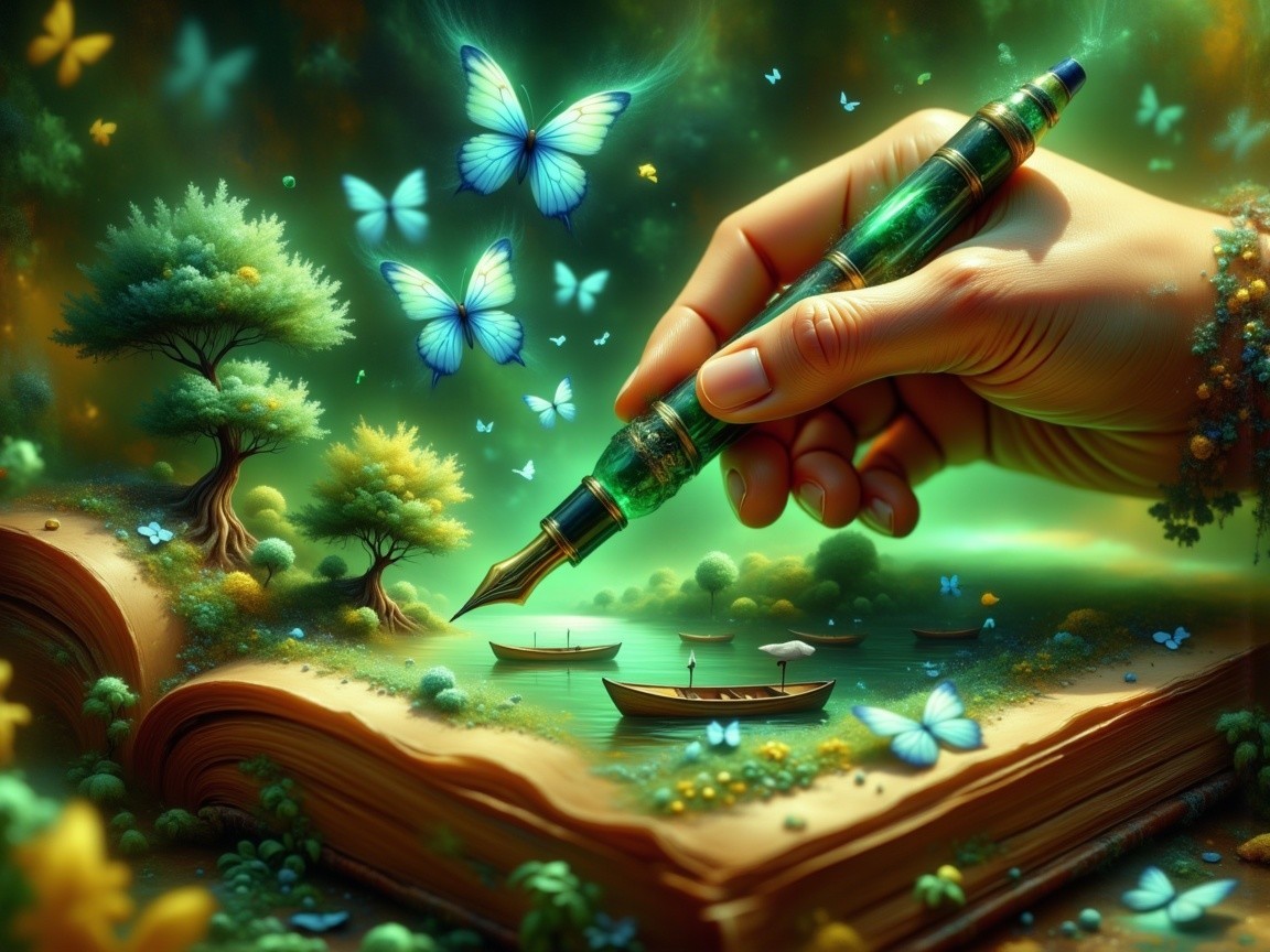 Fountain Pen Above Book Illustrating Nature Scenes