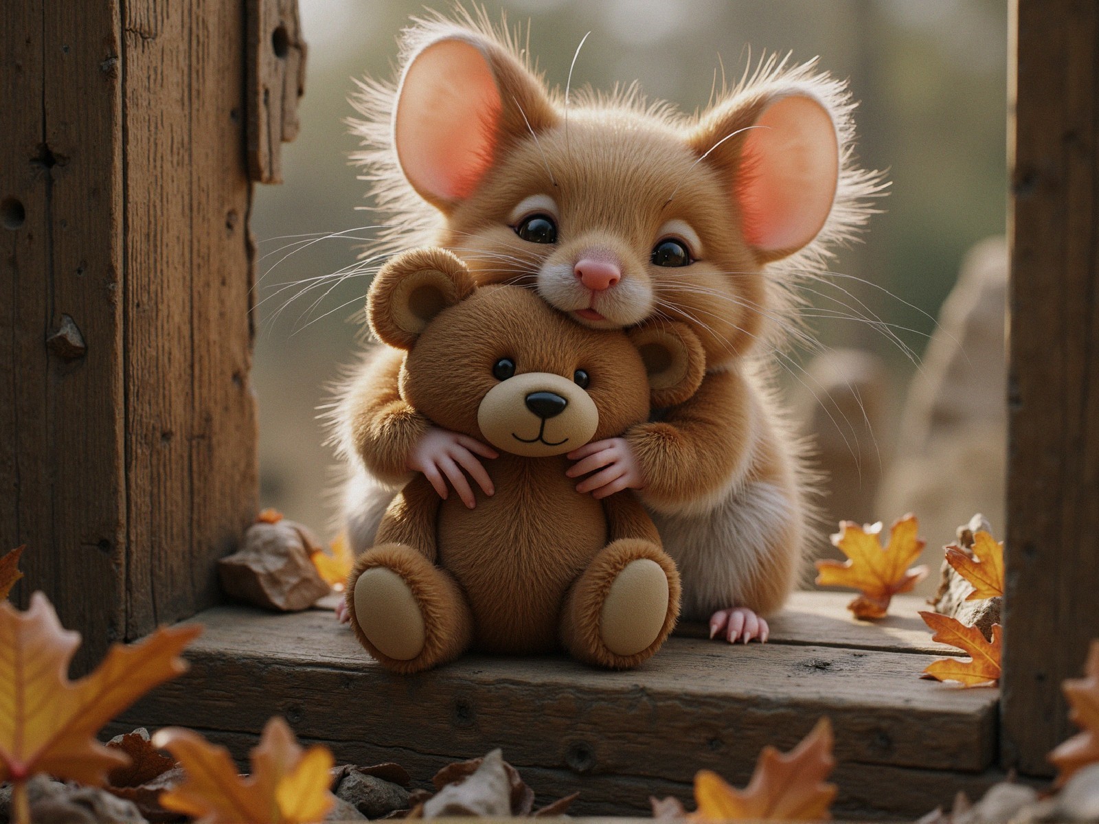 Fluffy Mouse Cuddling Teddy Bear in Cozy Setting
