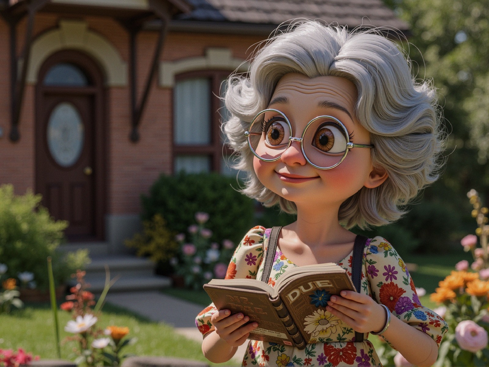 Elderly Woman Reading in a Vibrant Garden Setting