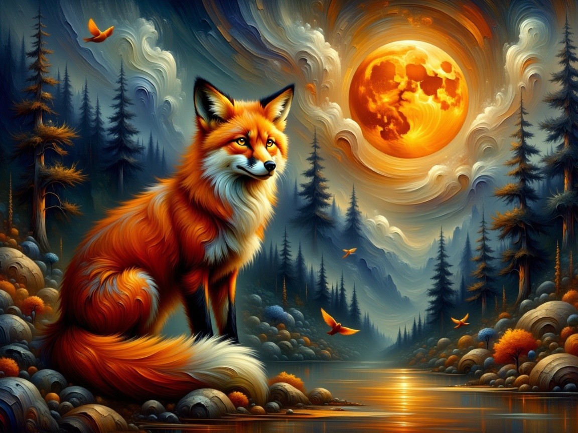 Fox on Rocky Shore Under Golden Moonlight