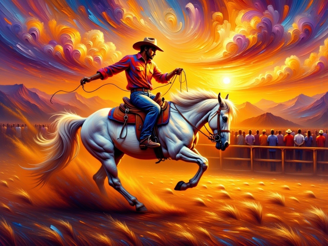 Sunset Over Cowboy Riding White Horse with Mountains