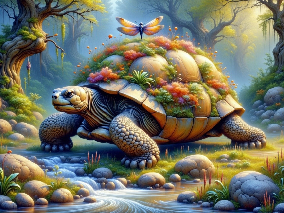 Tortoise in Flowered Forest with Butterfly and Stream