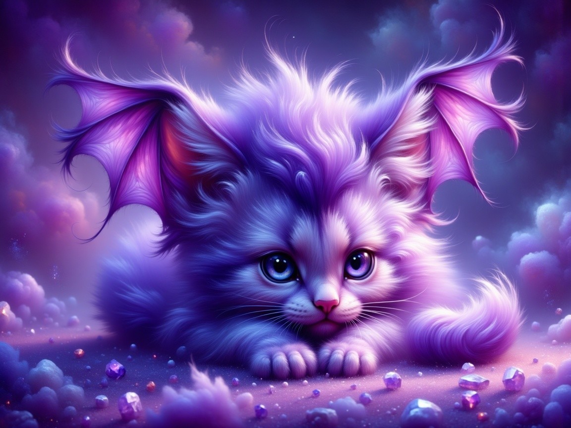 Adorable kitten with purple fur and bat-like wings