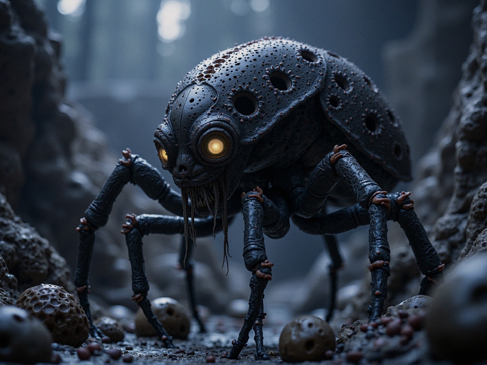 Robotic Spider Creature in Dimly Lit Rocky Setting
