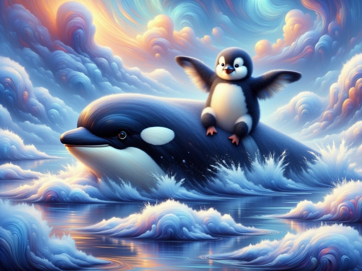 Playful Penguin and Whale in Colorful Ocean Scene