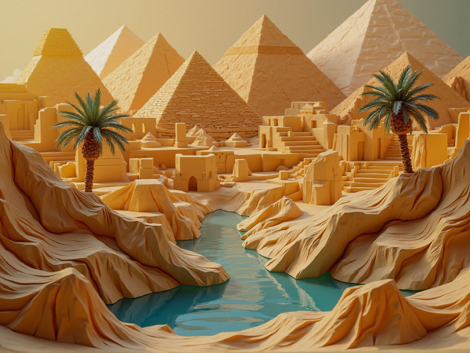 Paper-Crafted Desert Landscape with Pyramids and Palm Trees