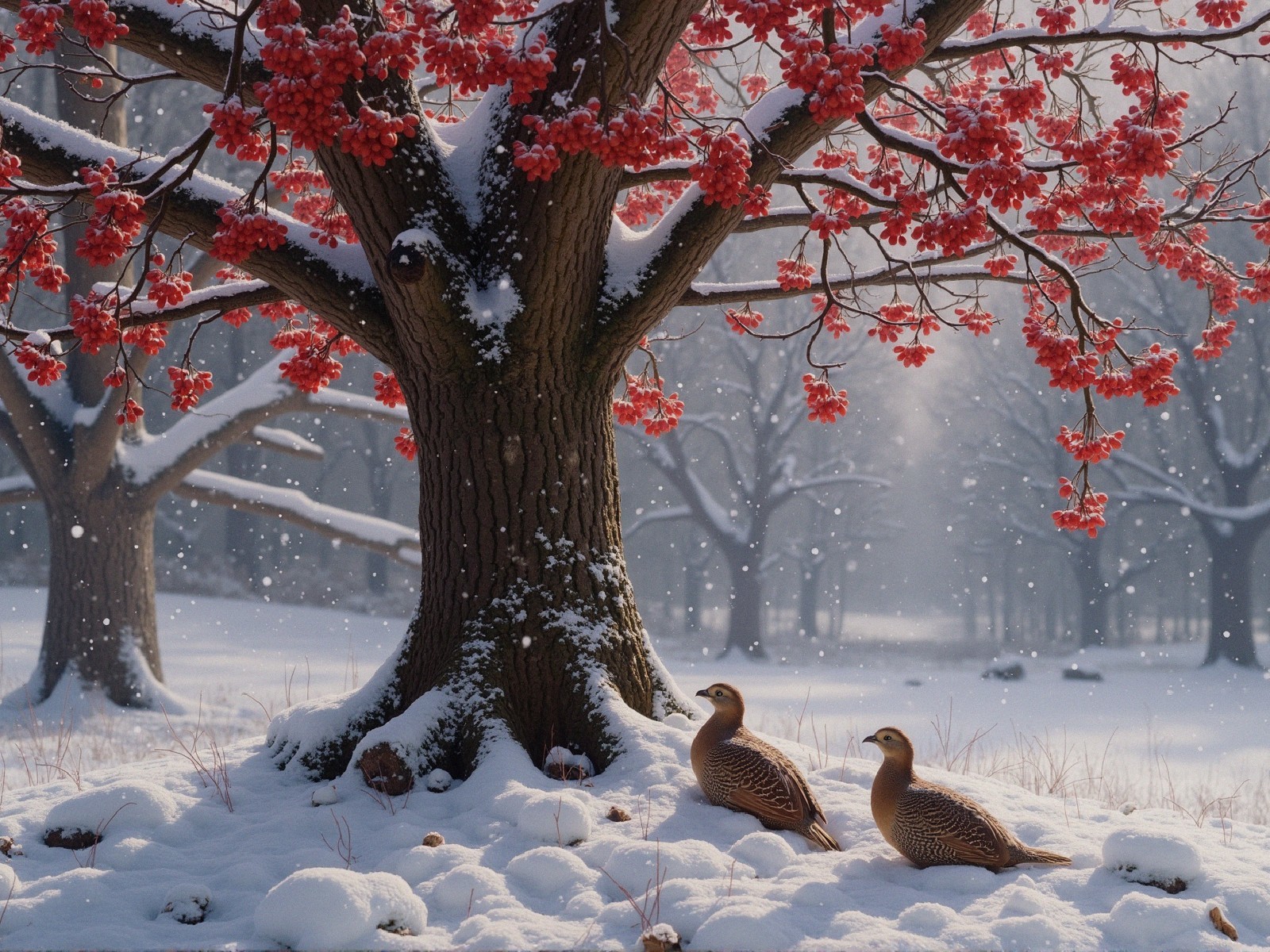 Winter Landscape with Ducks and Snowy Trees