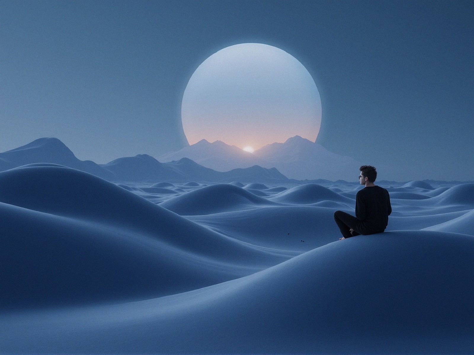Man on Dune in Barren Landscape with Celestial Body