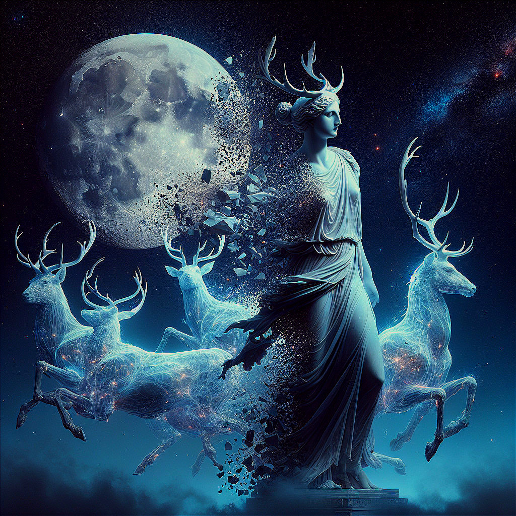 Celestial Scene with Antlered Statue and Ethereal Deer