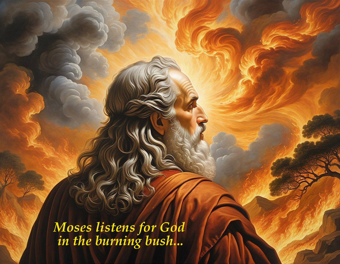 Elderly Man Gazing at Blazing Bush in Dramatic Scene