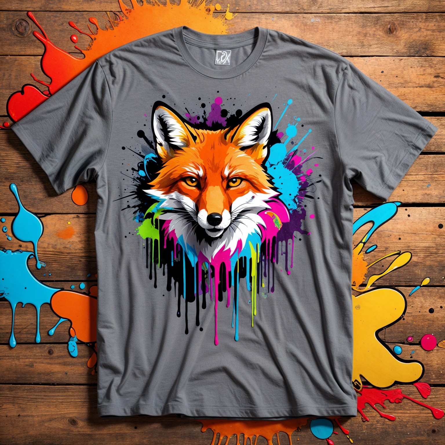 Vibrant Graphic T-Shirt Design with Fox Head Illustration