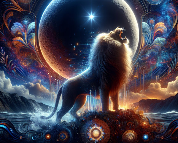 Lion Roaring on Rocky Shore Under Cosmic Night Sky