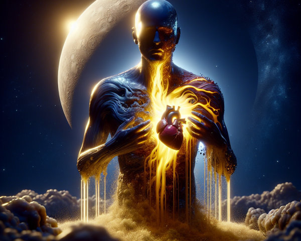 Surreal Figure with Glowing Heart in Cosmic Clouds