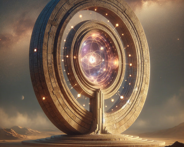 Ornate Circular Structure with Cosmic Backdrop and Galaxy