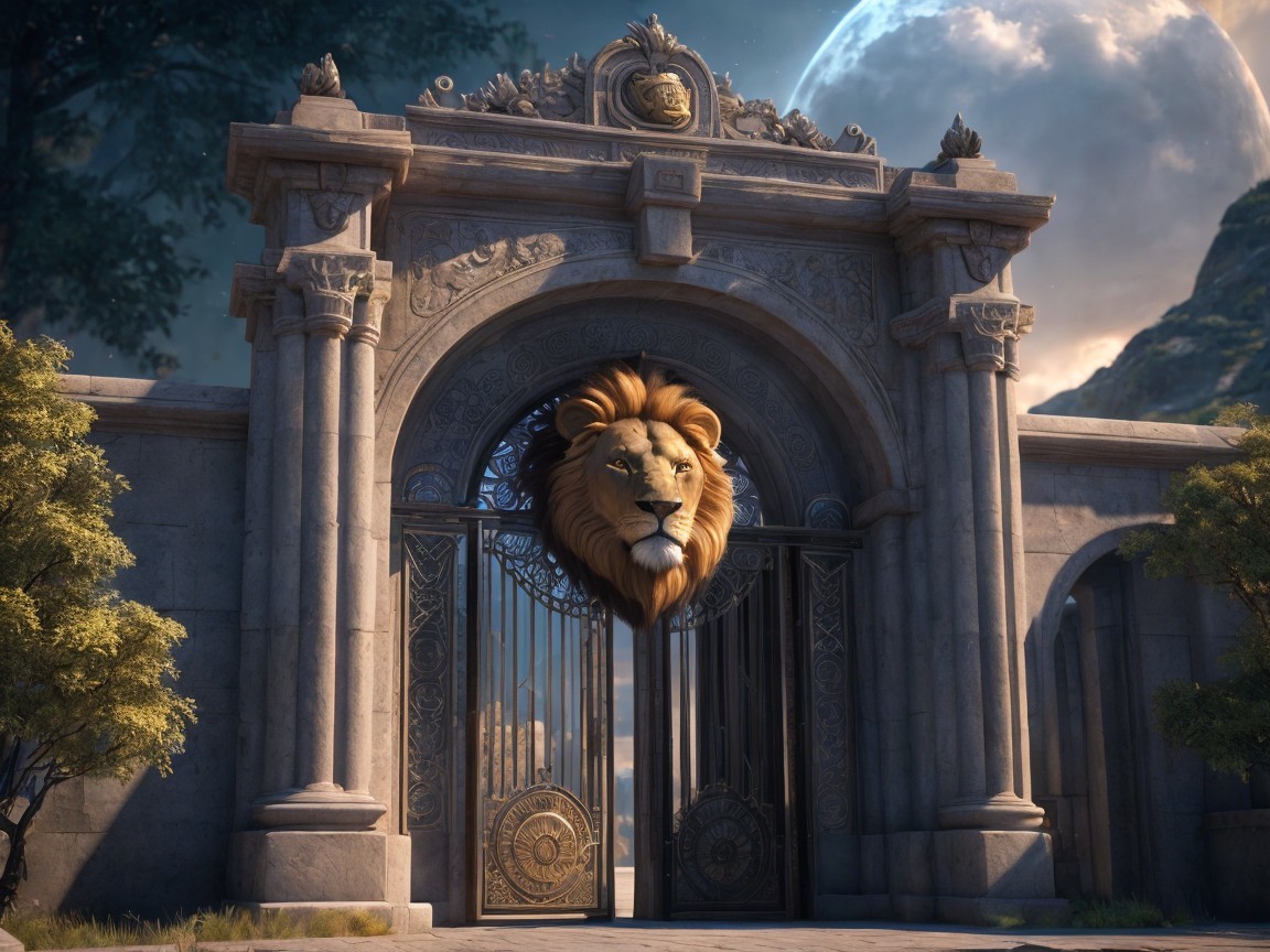 Majestic stone gateway with intricate carvings and lion's head