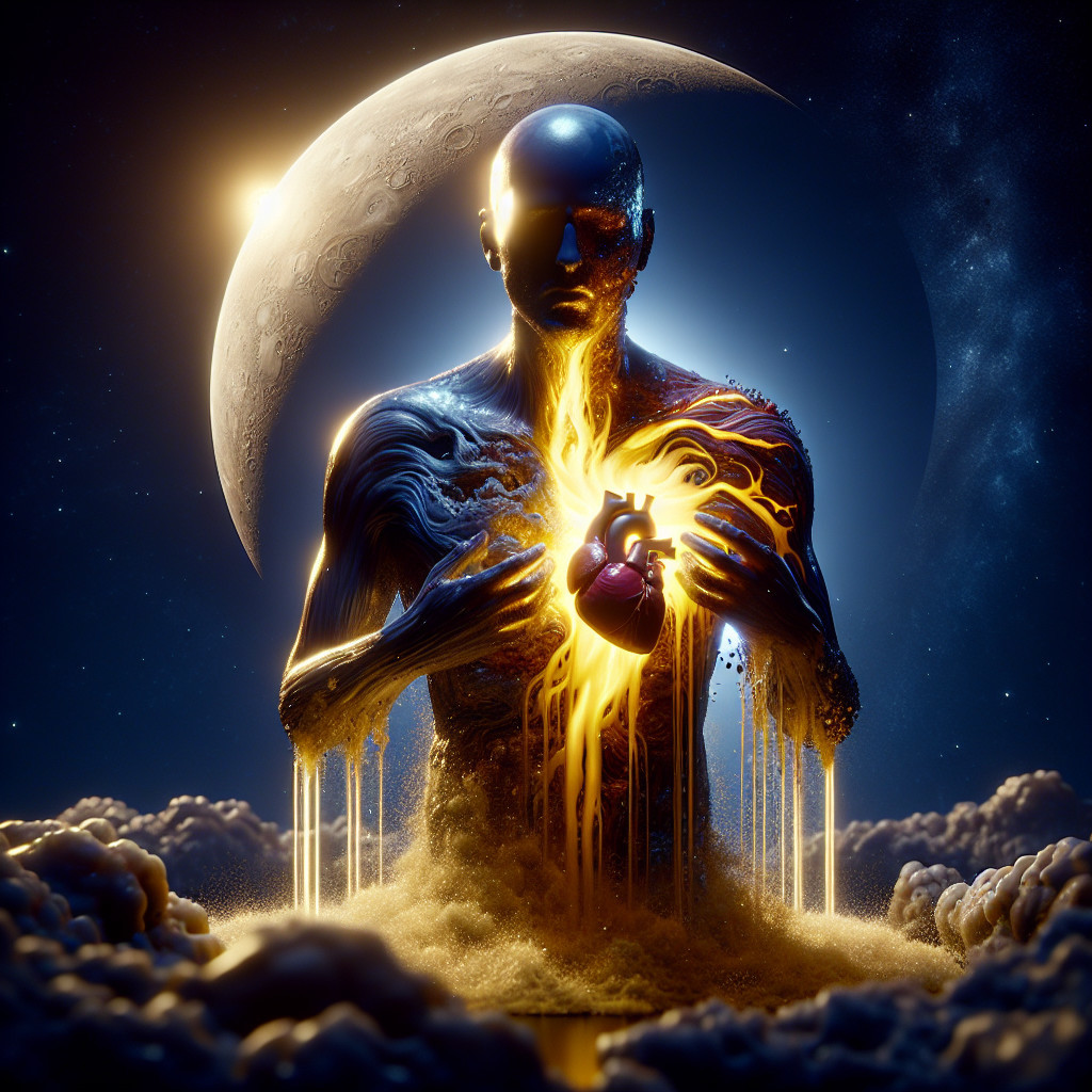 Surreal Figure with Glowing Heart in Cosmic Clouds