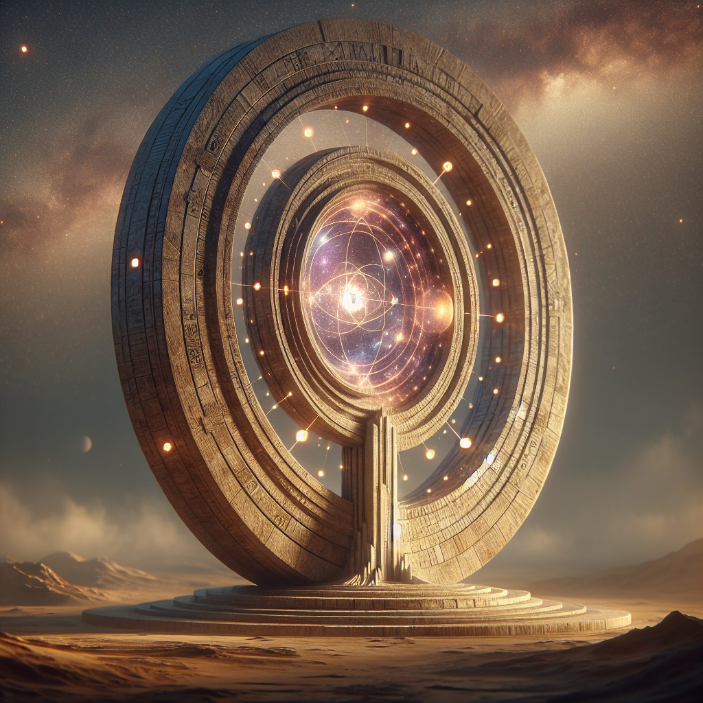 Ornate Circular Structure with Cosmic Backdrop and Galaxy