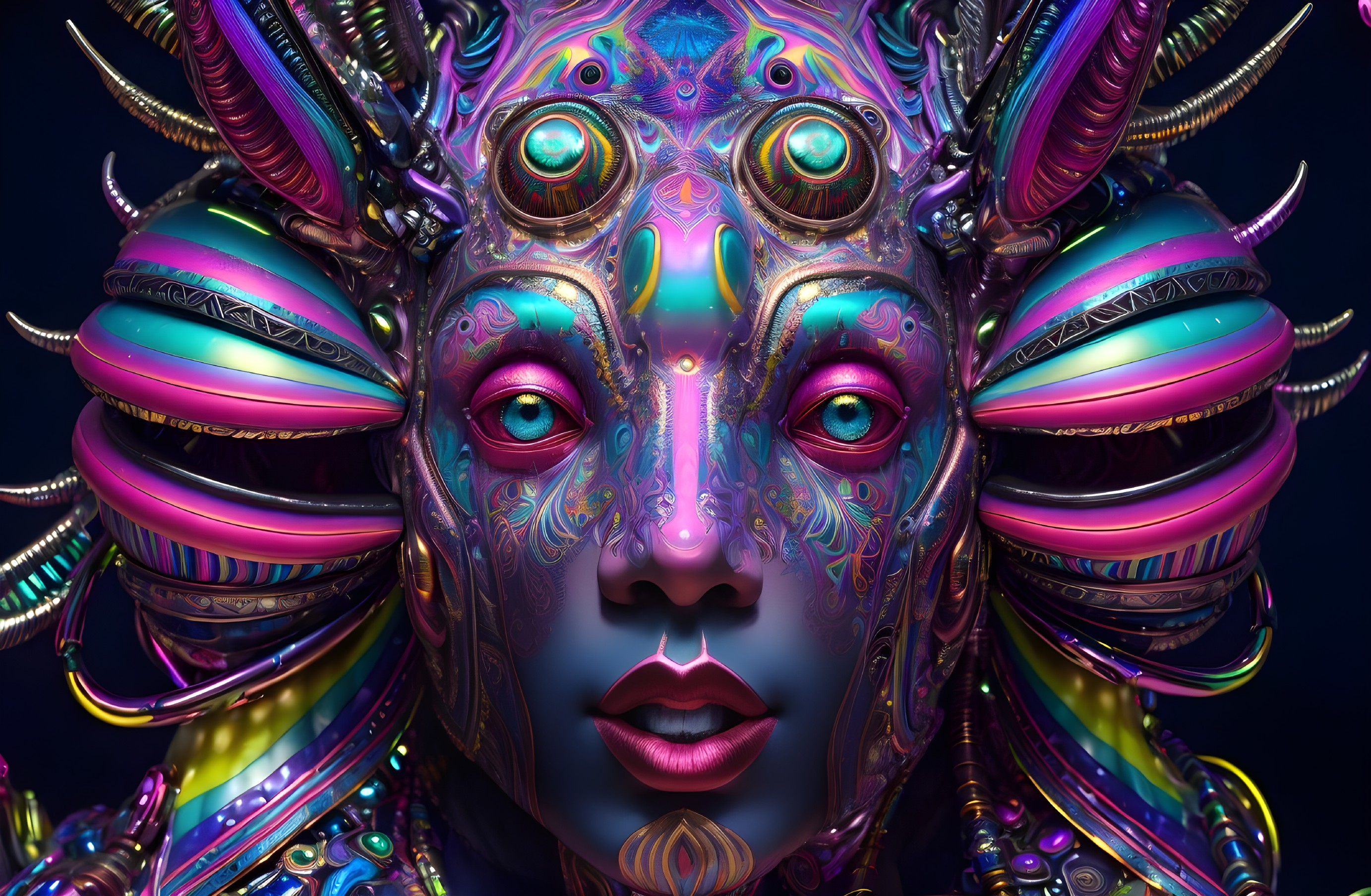 Colorful humanoid figure with iridescent alien headgear.