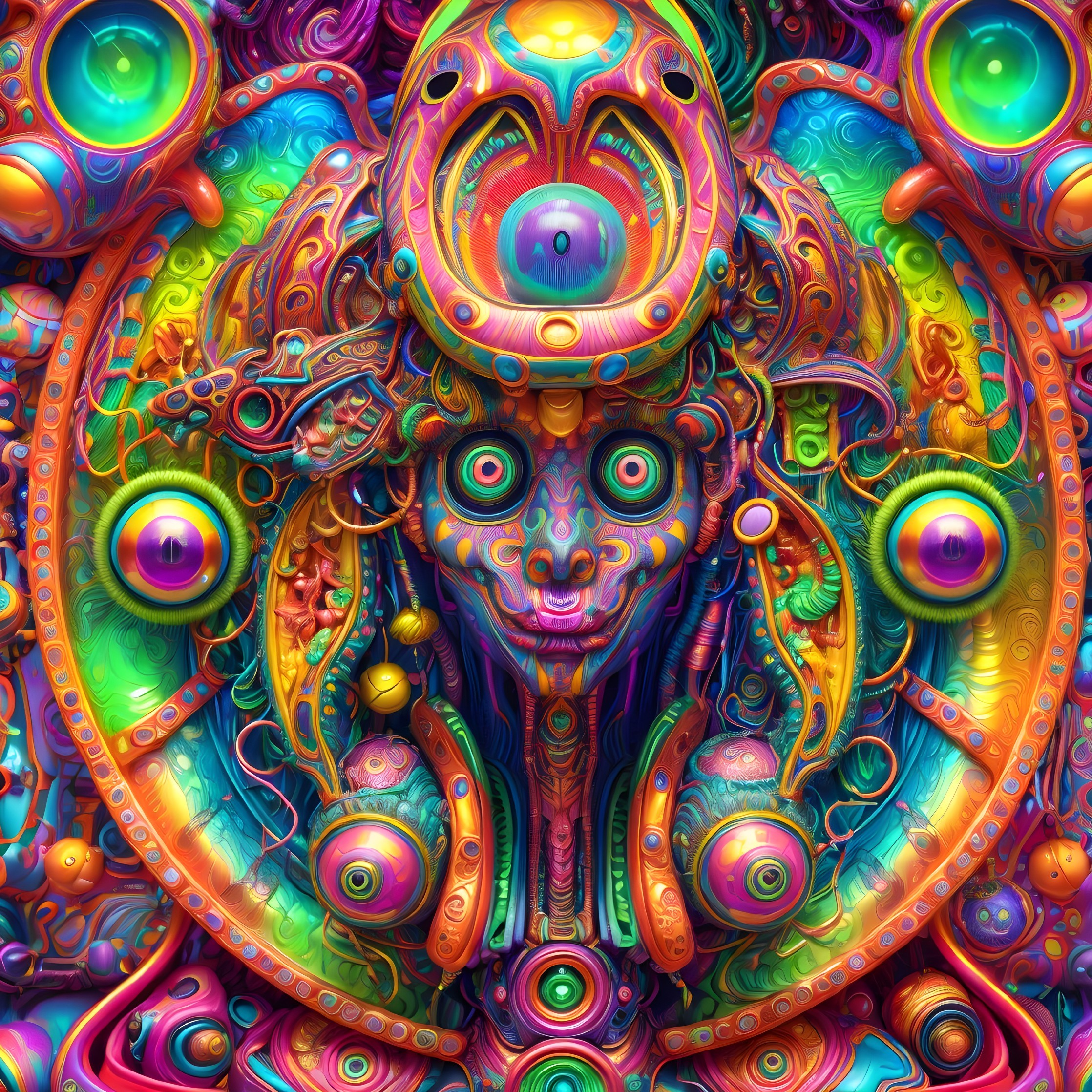 Colorful Psychedelic Digital Artwork with Central Face and Mandala Patterns