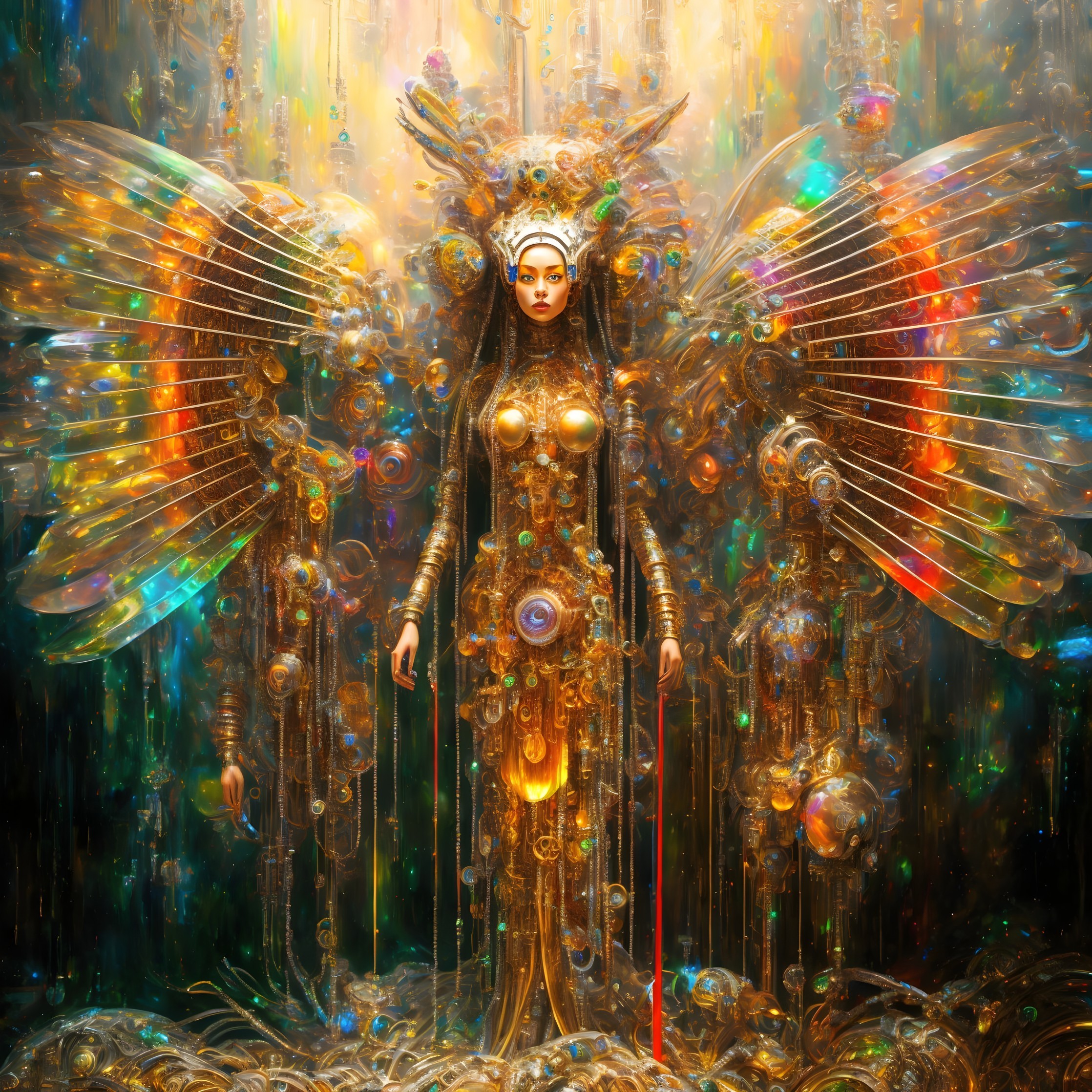 Elaborate golden costume with wing-like extensions in celestial setting