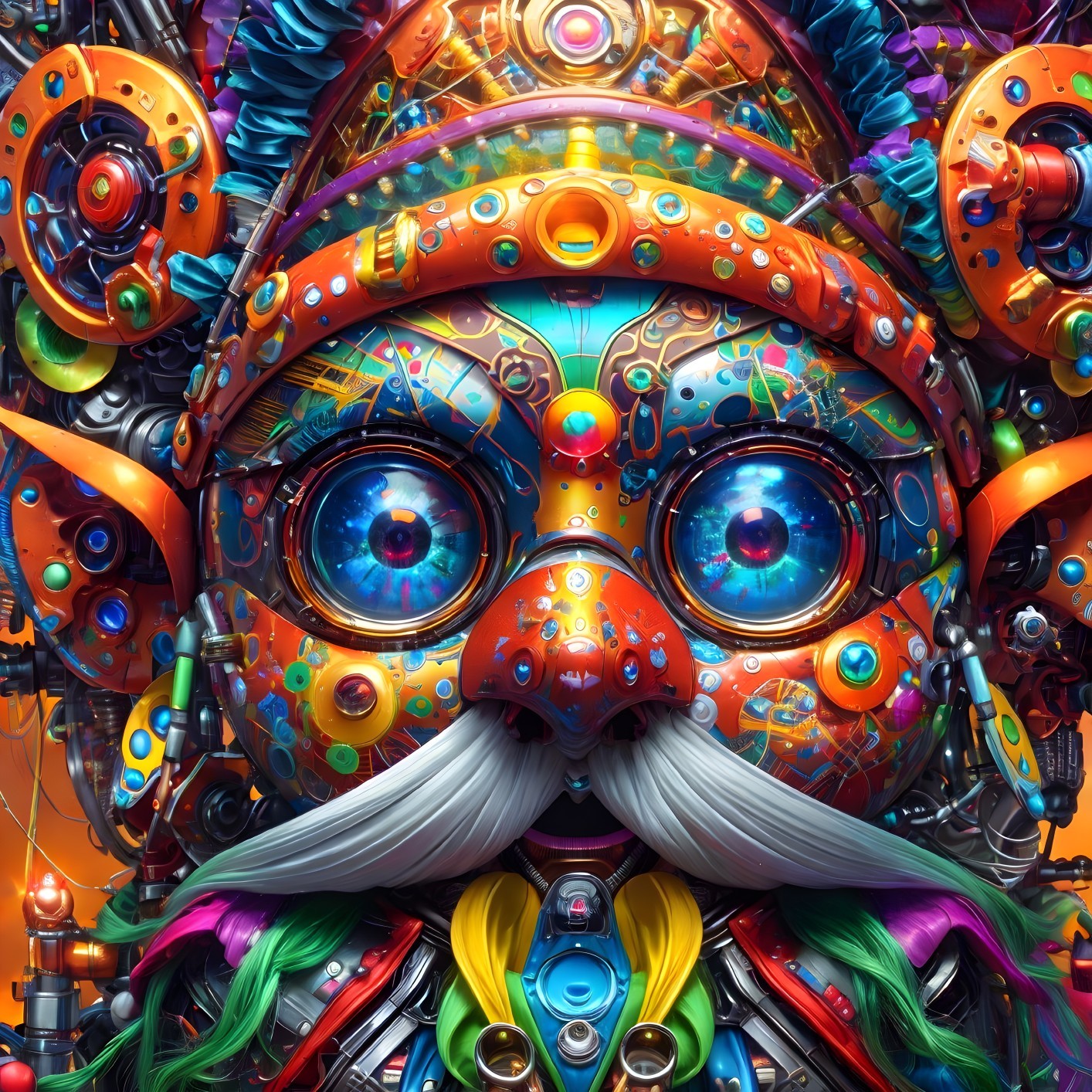 Colorful Robotic Face with Shiny Eyes and Decorated Nose