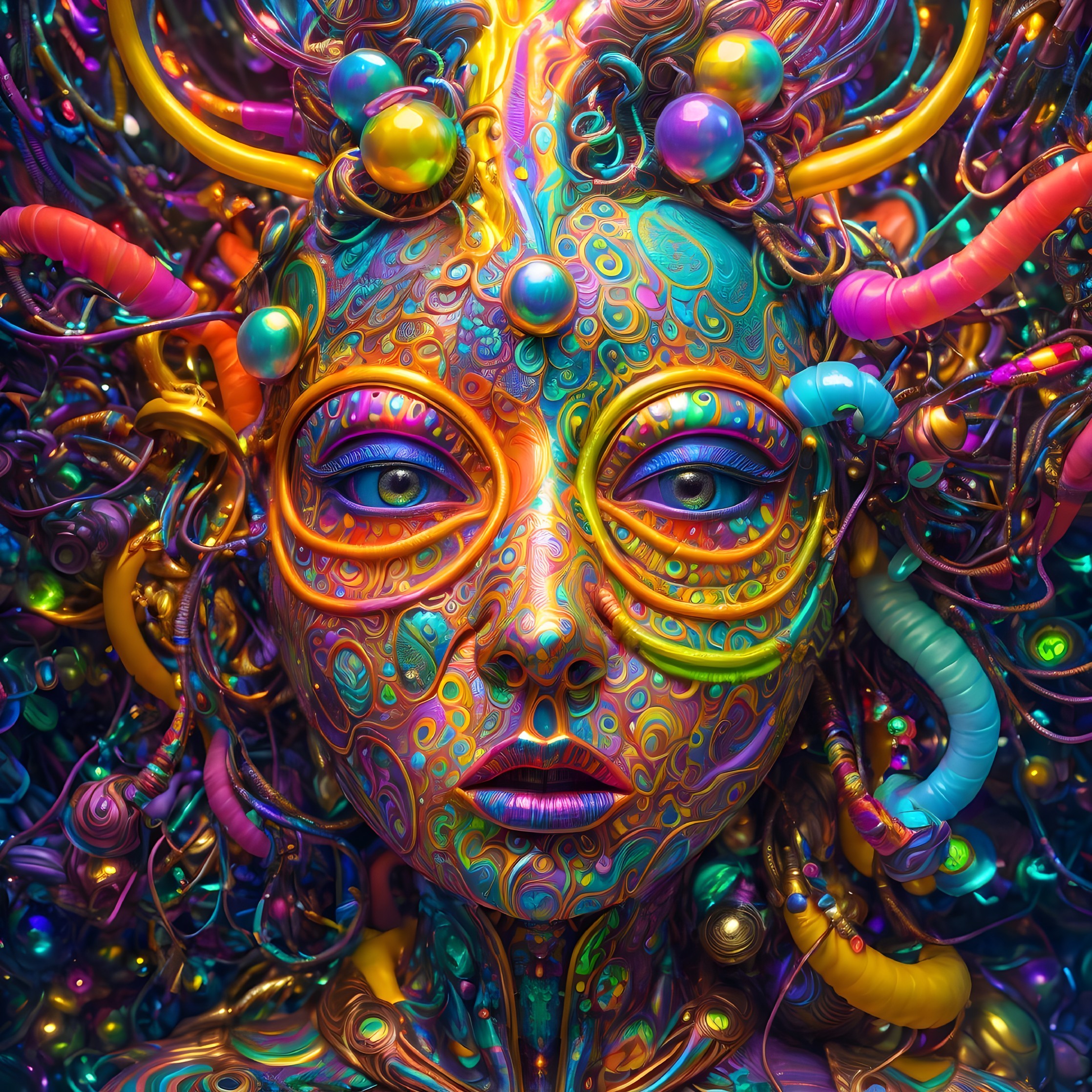 Colorful Psychedelic Portrait with Intricate Patterns and Horn-like Shapes