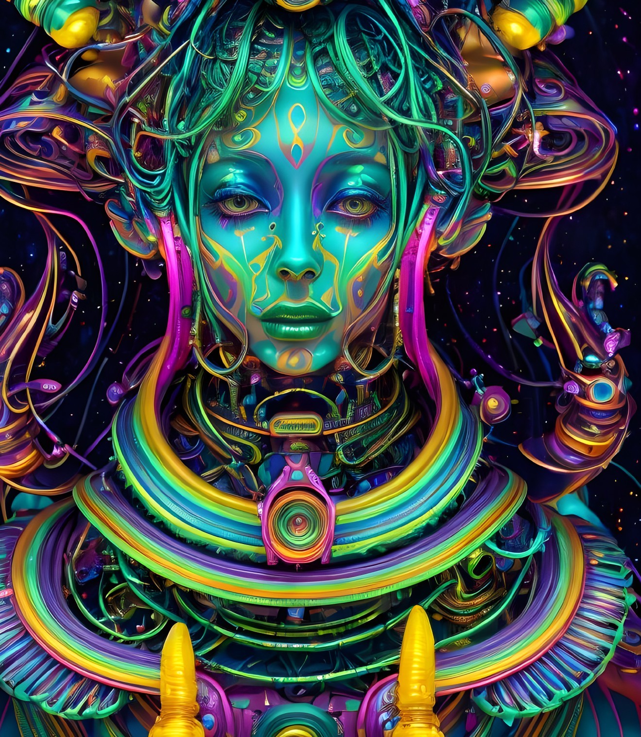 Colorful digital art: Alien character with neon designs in cosmic setting