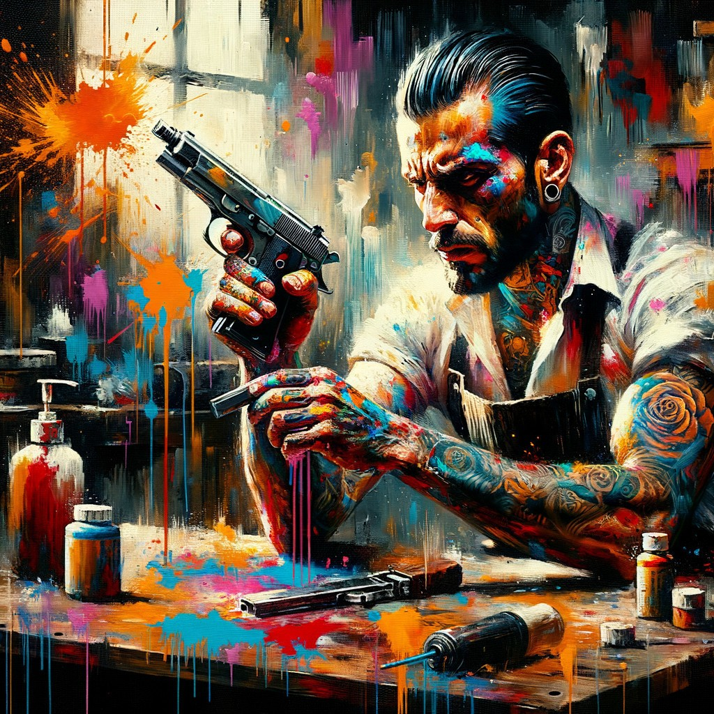 Tattooed Artisan in Colorful Workshop with Pistol