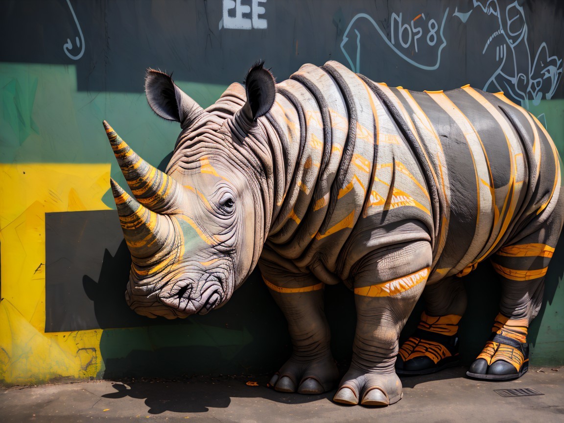 Life-sized mural of a striped rhinoceros on wall