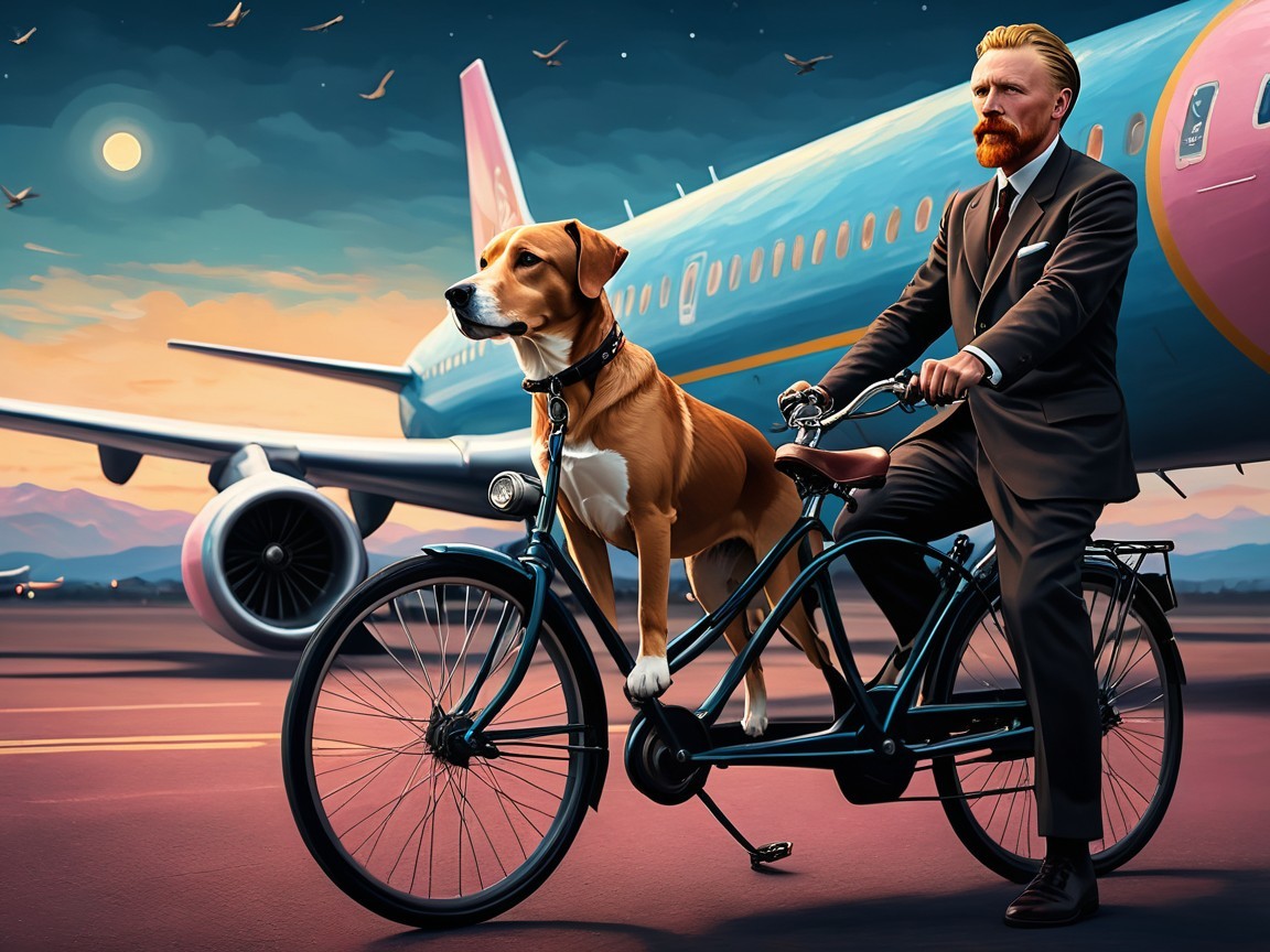Man in Suit Bicycles with Dog on Airport Runway
