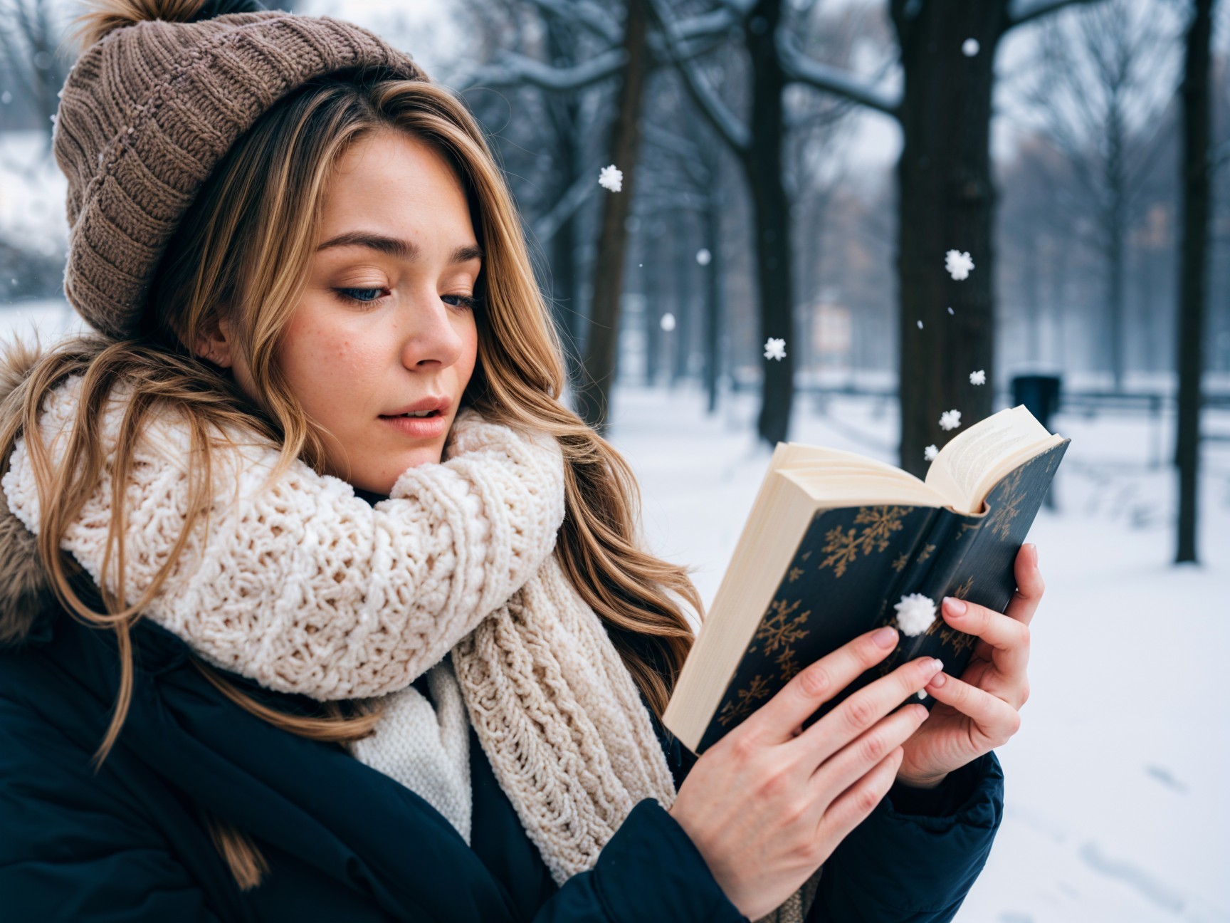 Young Woman Reading in a Snowy Park Setting