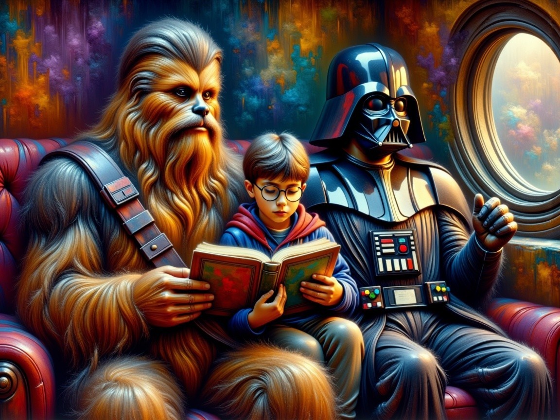 Young boy reading between Chewbacca and Darth Vader