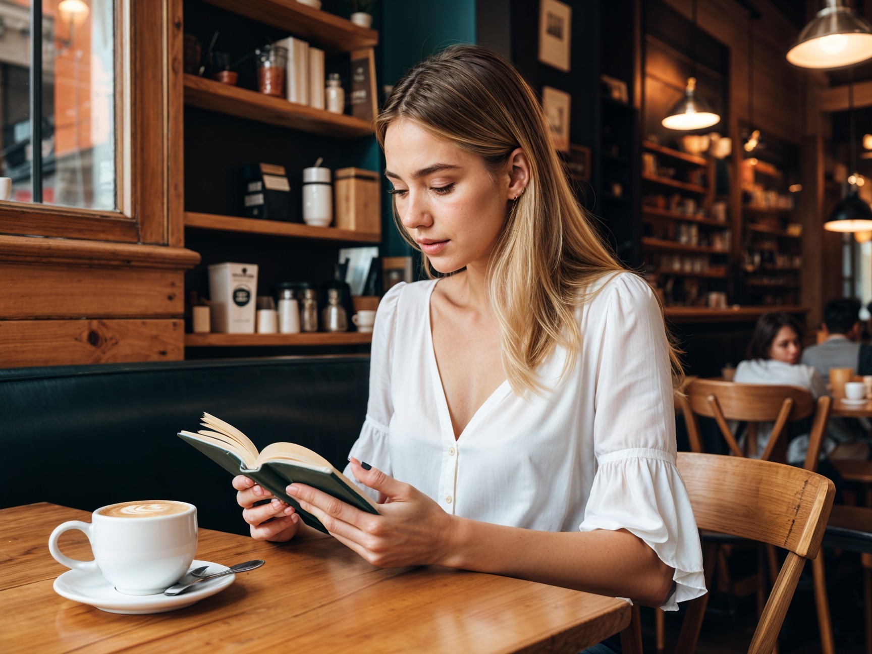 Young woman reading in cozy café with coffee