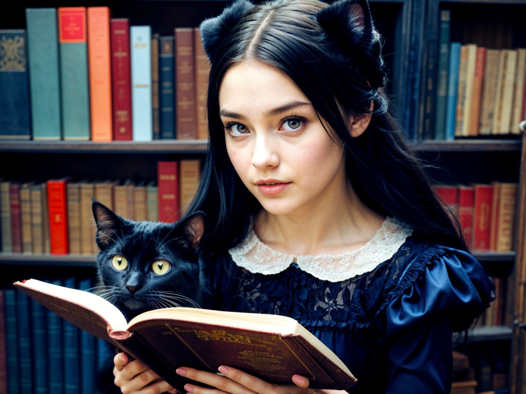 Young girl with cat ears in cozy library setting