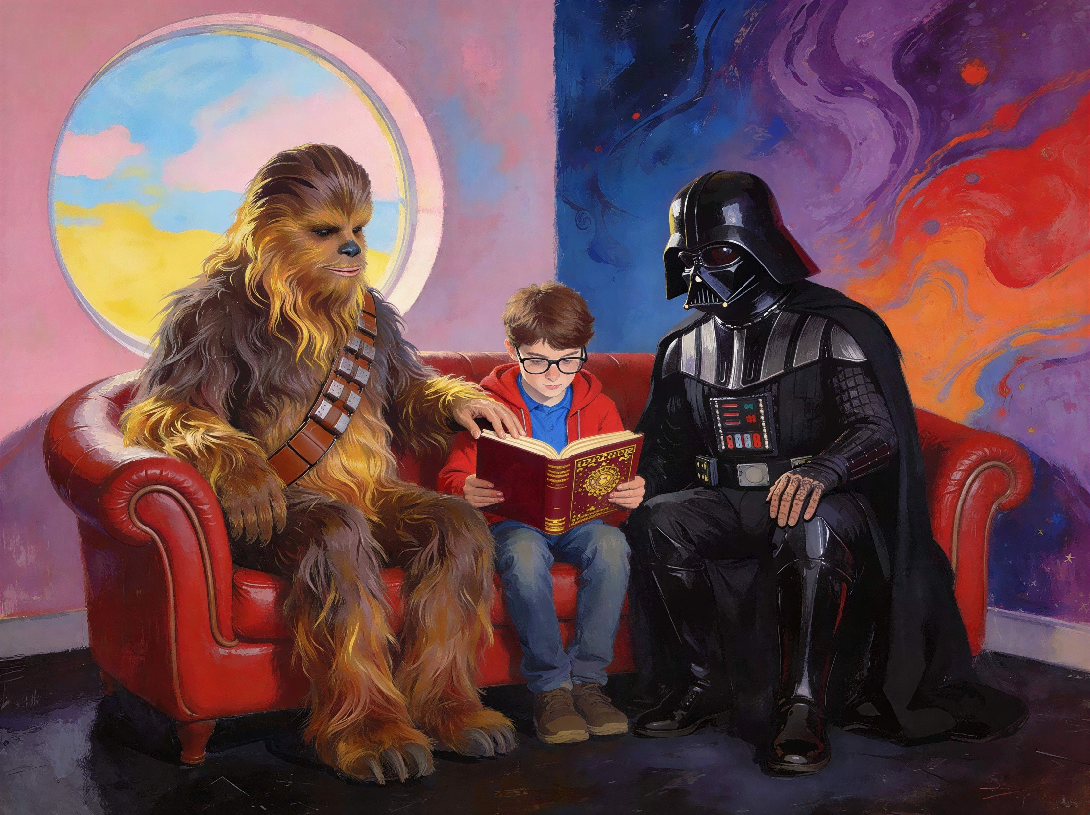Oil Painting of Boy Reading with Chewbacca and Darth Vader