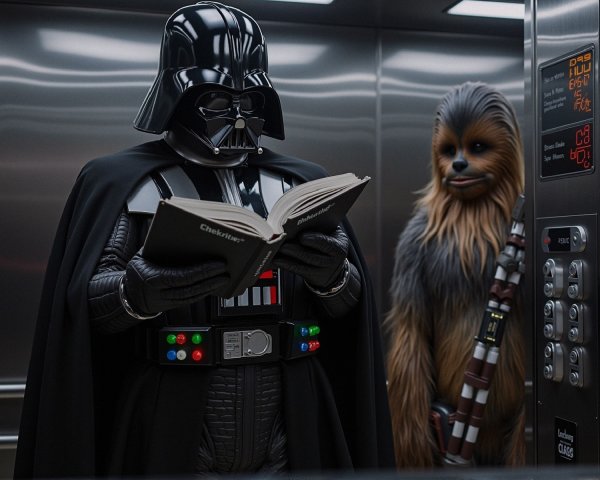 Darth Vader Reading in an Elevator with Chewbacca-like Creature