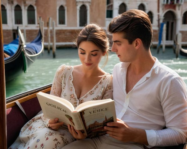 Young couple reading in a gondola in Venice