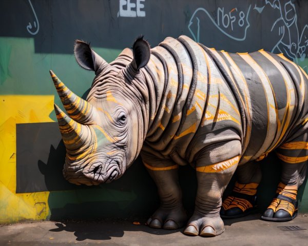 Life-sized mural of a striped rhinoceros on wall