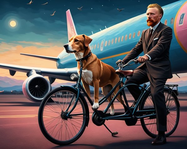 Man in Suit Bicycles with Dog on Airport Runway