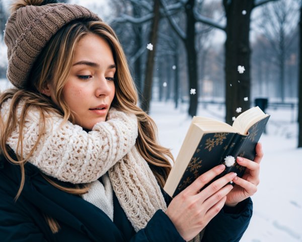 Young Woman Reading in a Snowy Park Setting