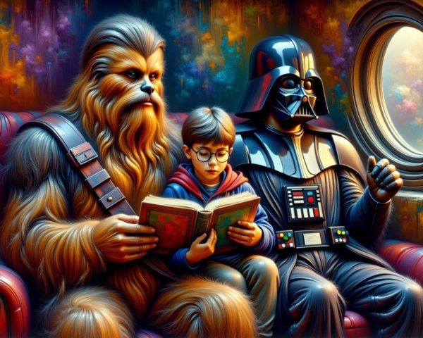 Young boy reading between Chewbacca and Darth Vader