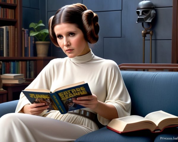 Woman in white gown reading in a cozy library setting