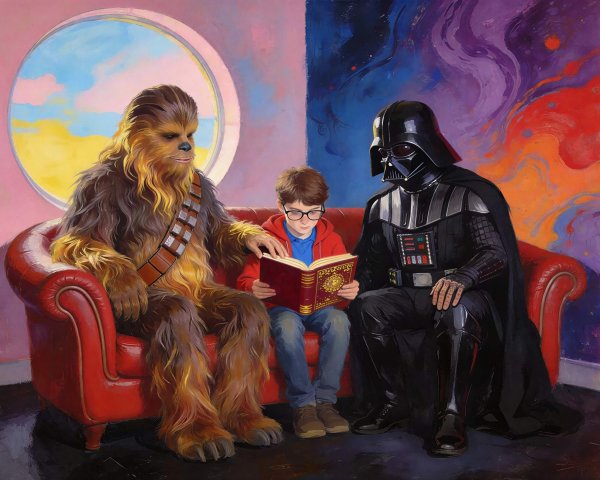 Oil Painting of Boy Reading with Chewbacca and Darth Vader