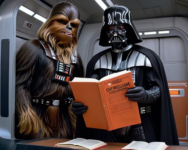 Chewbacca and Darth Vader in Indoor Spaceship Setting