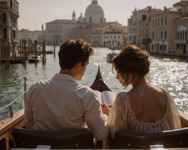 Couple in Gondola on Venetian Canal with Book