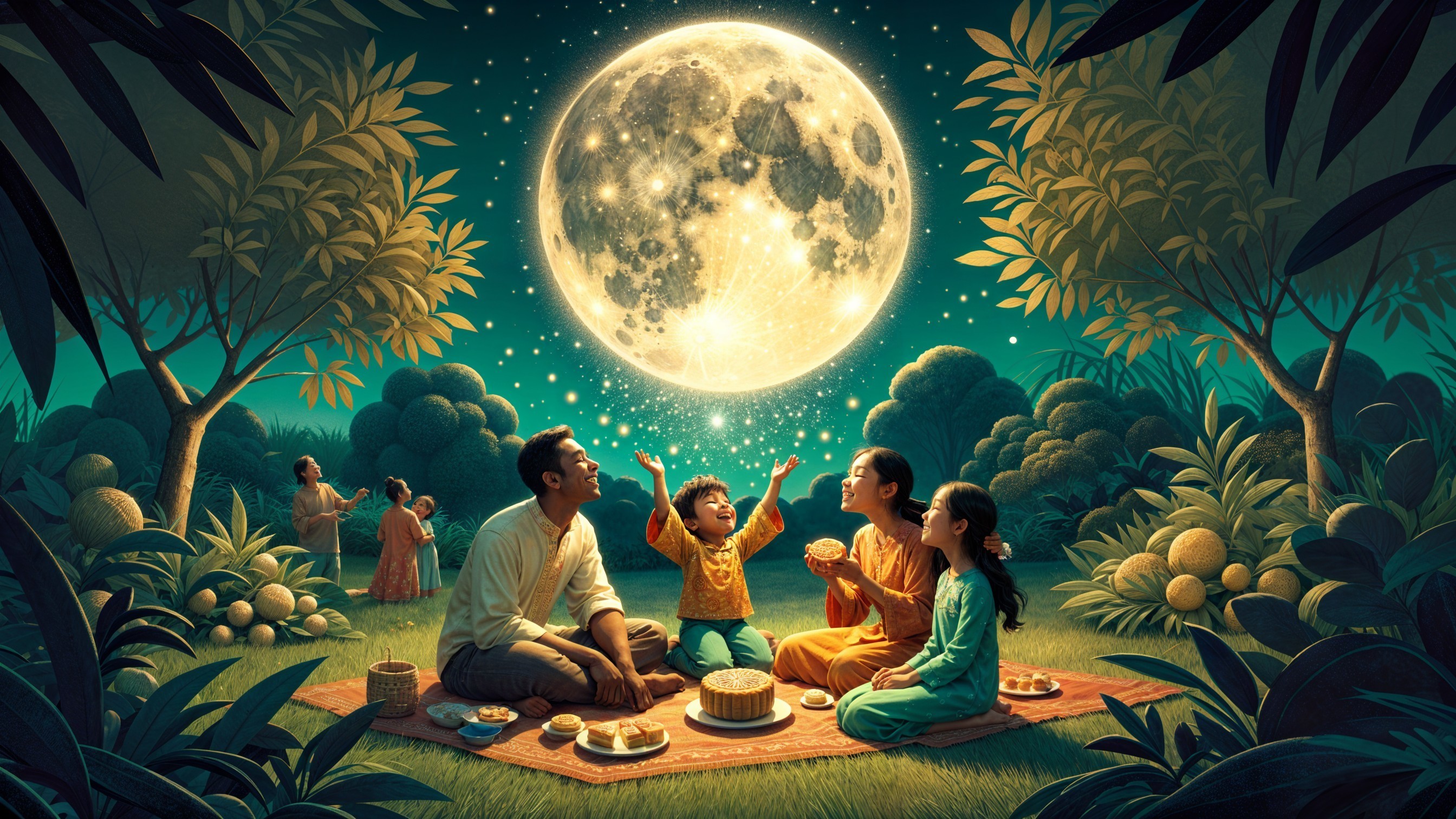 Family Gathering Under a Full Moon with Fireflies