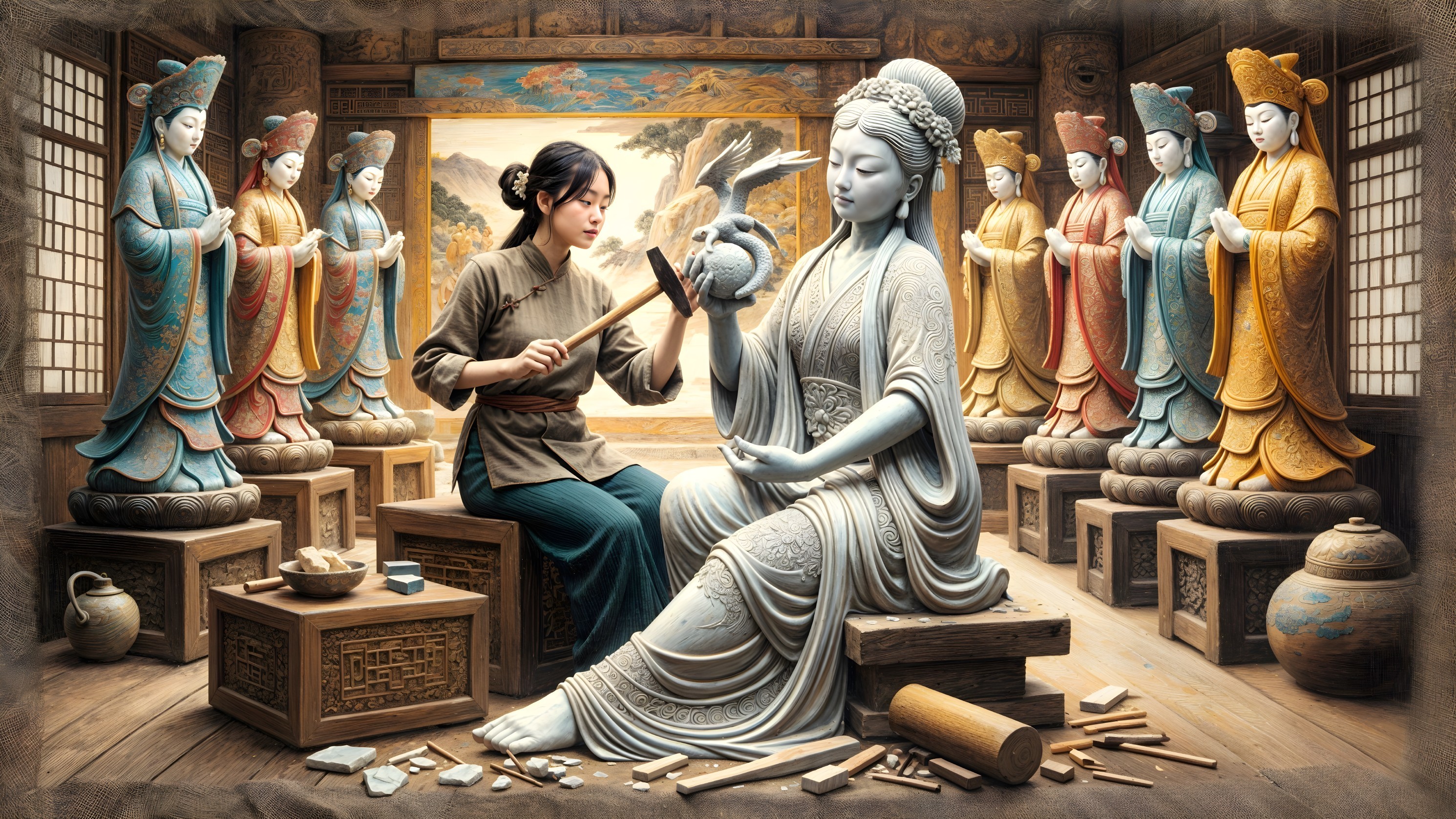 Artisan Carving Stone Figure in Serene Workshop
