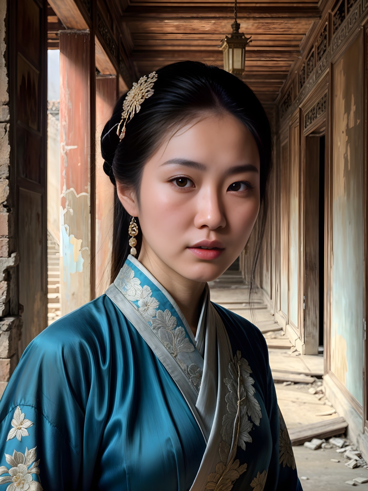 Young Woman in Traditional Blue Silk Garment in Hallway