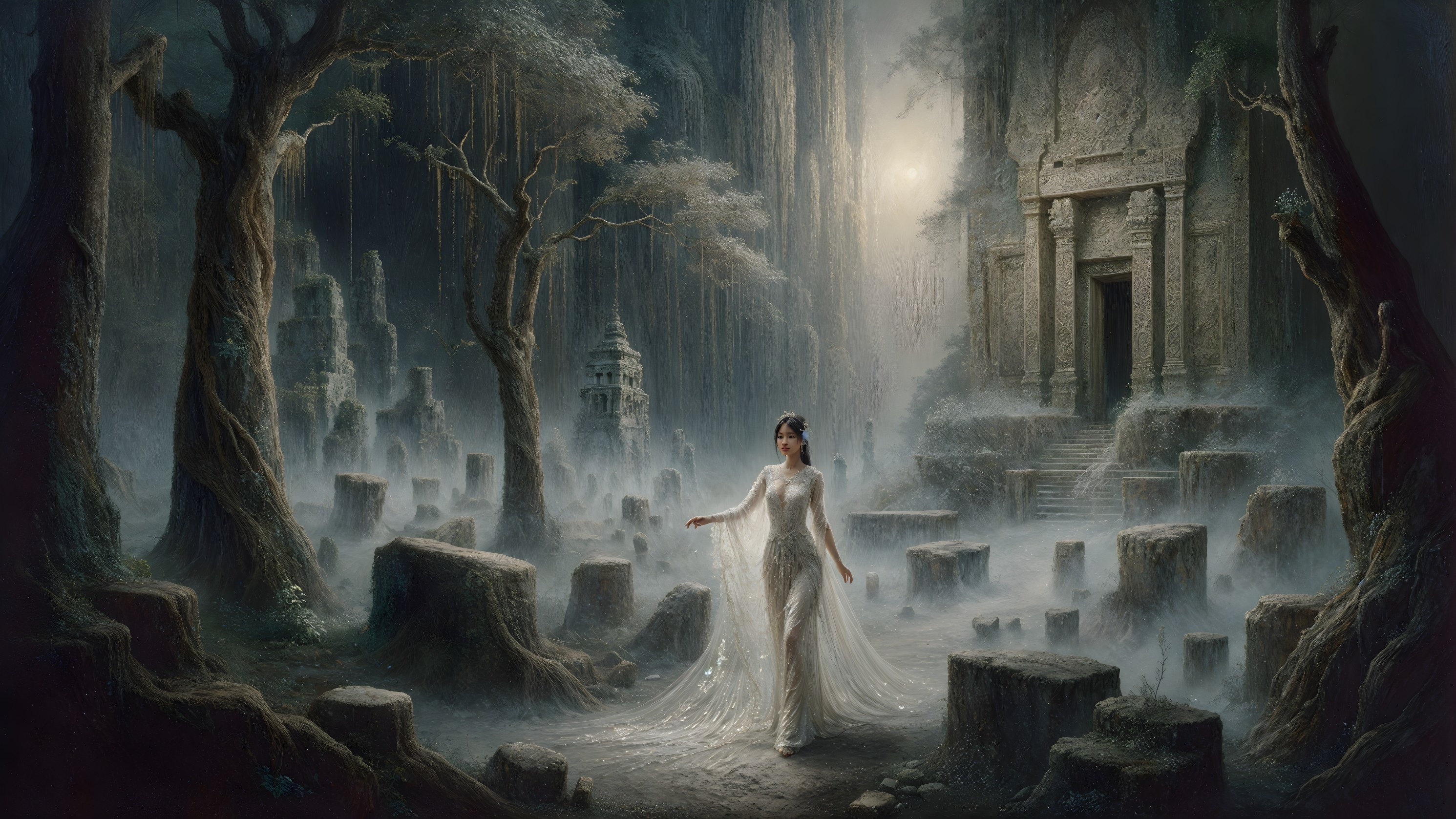 Ethereal Landscape with Woman in White Gown and Ruins