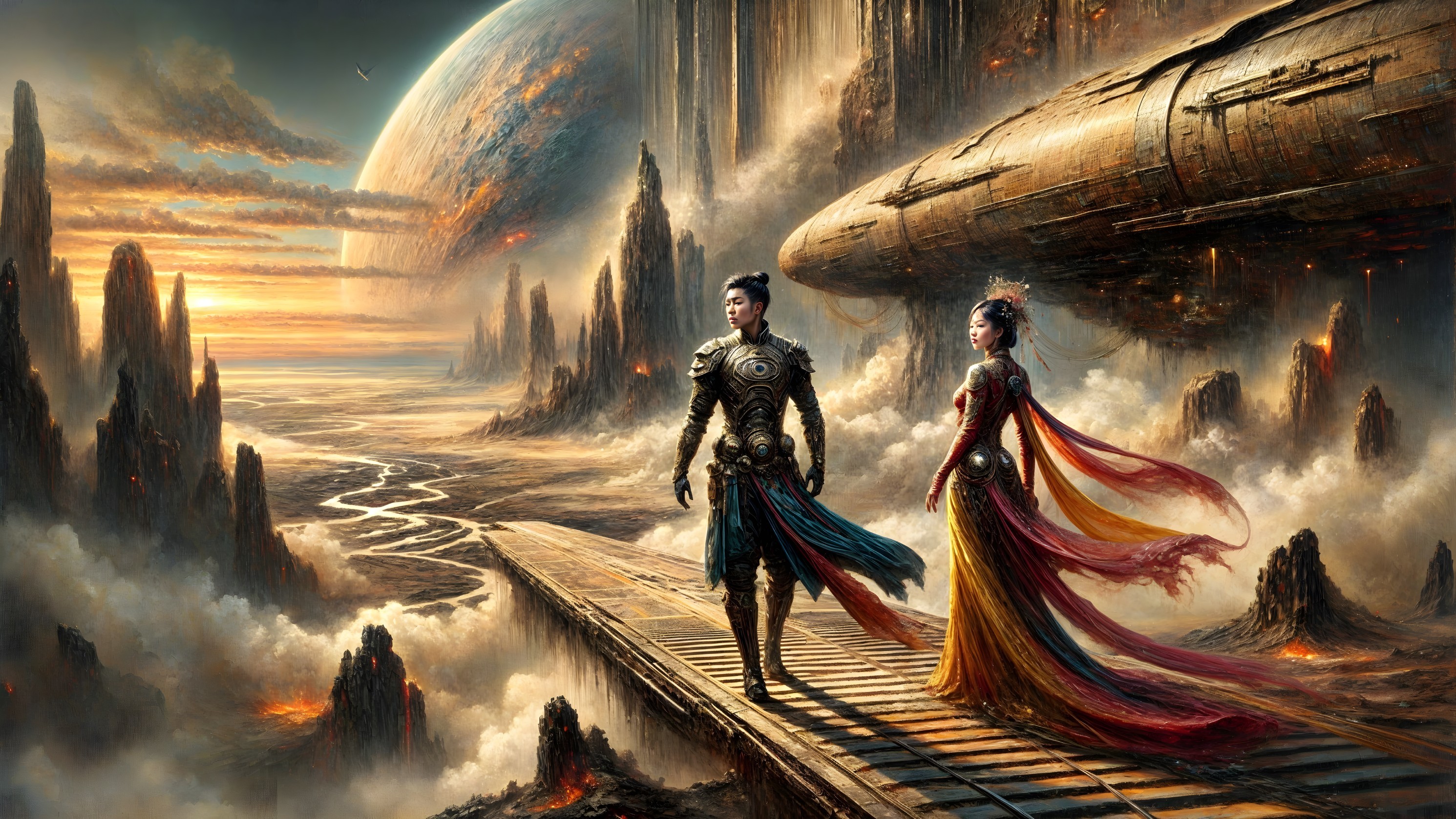 Surreal Landscape with Figures on a Misty Bridge